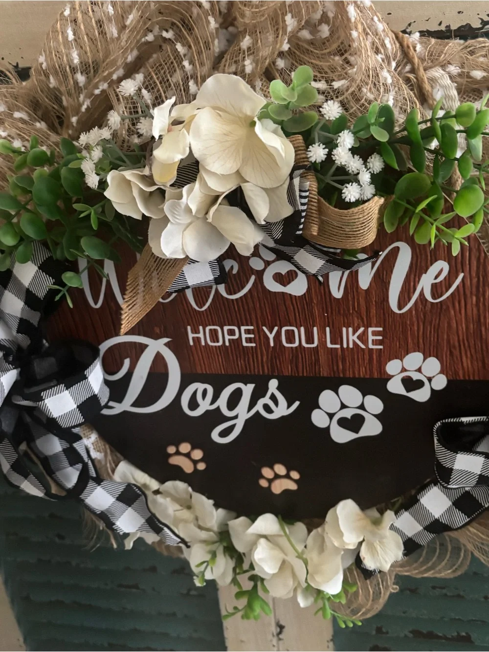 “Welcome” Hope You Like Dogs Burlap Mesh Floral Wreath Custom Design Final Sale